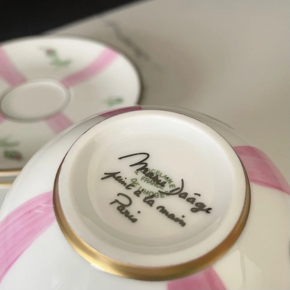 SET of 2 Pink Rose Cups & Saucers - Marie Daage Limoges